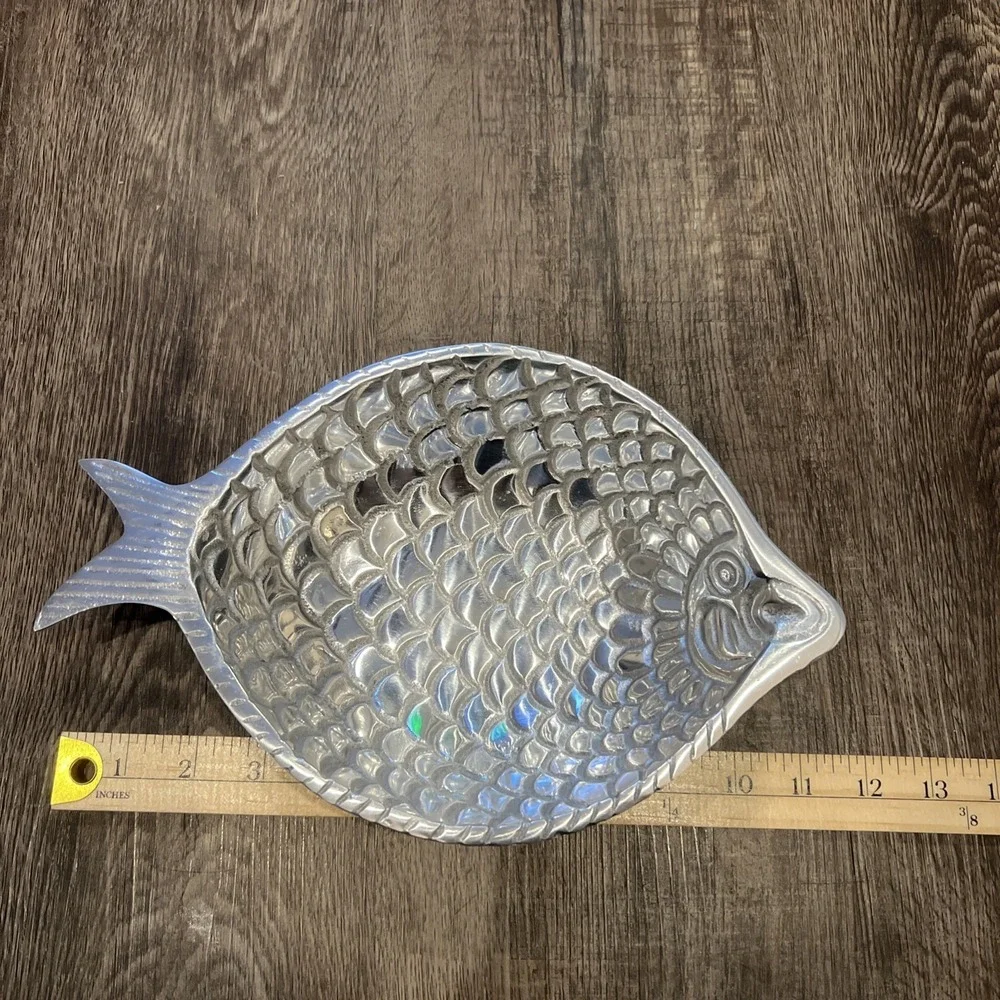 Fishy Snack Plate Shiny Aluminum Pewter Vintage 12